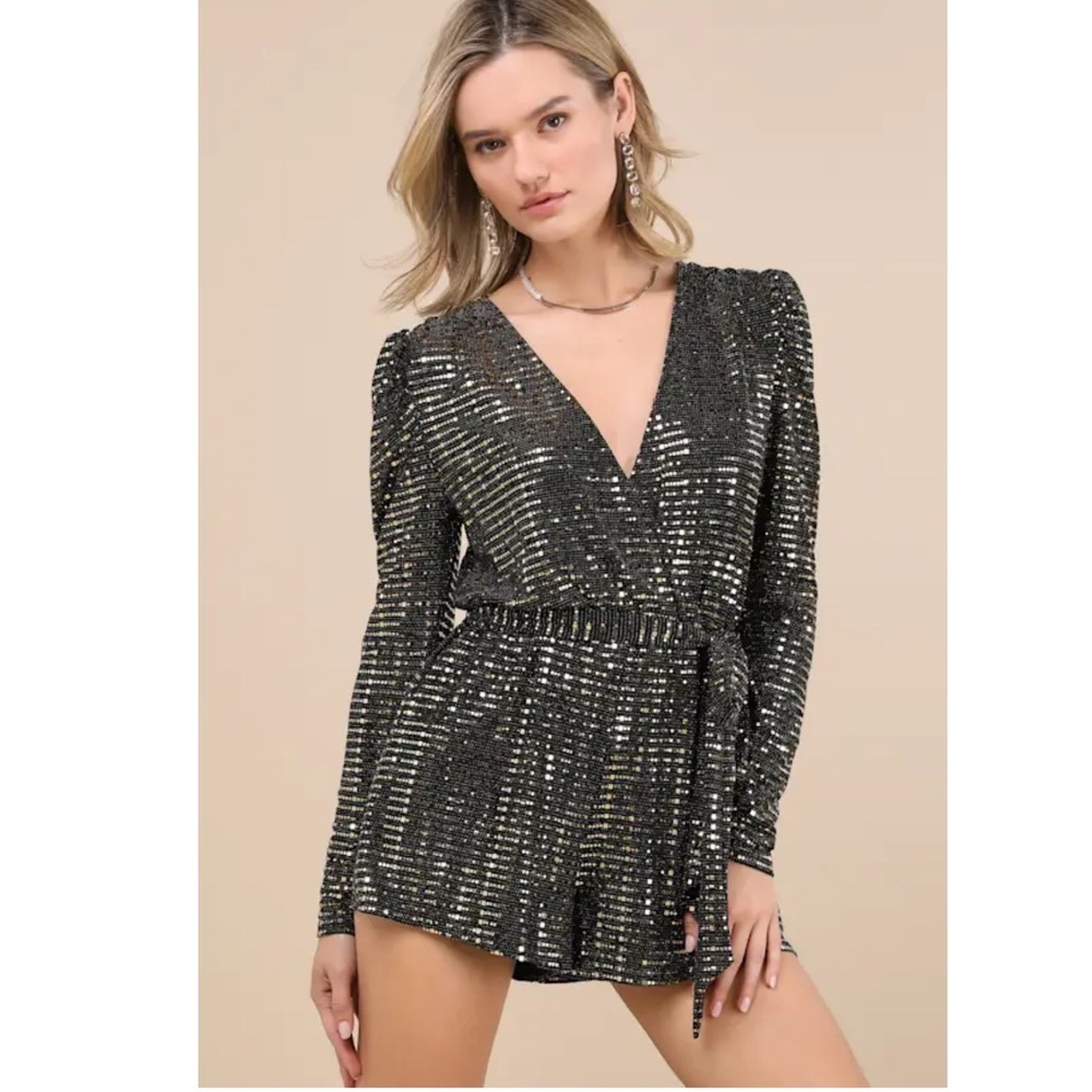 Lulu's Black Sequin Long-Sleeve V-Neck Romper